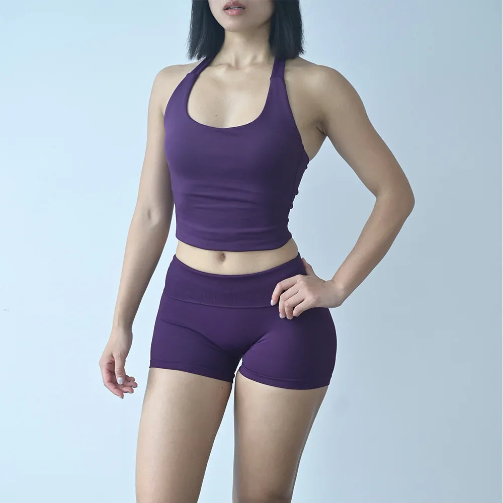 Sexy Halter Neck Beautiful Back High Waist Peach Sports Bras Shorts Suit Pilates Gathering Yoga Vest Training Fitness Bra Sets