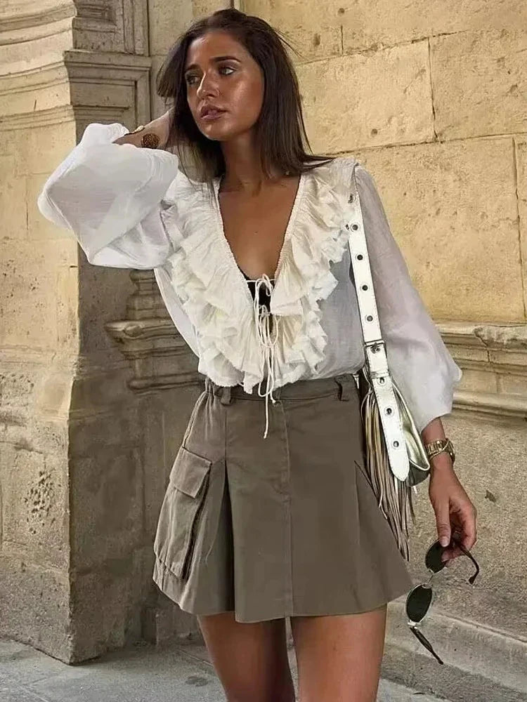 Elegant Women's Retro V-neck Ruffle Trim Long Sleeve Shirt 2025 Summer Casual Top Women's Fashion Translucent Thin Shirt