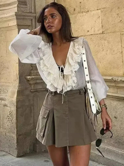 Elegant Women's Retro V-neck Ruffle Trim Long Sleeve Shirt 2025 Summer Casual Top Women's Fashion Translucent Thin Shirt