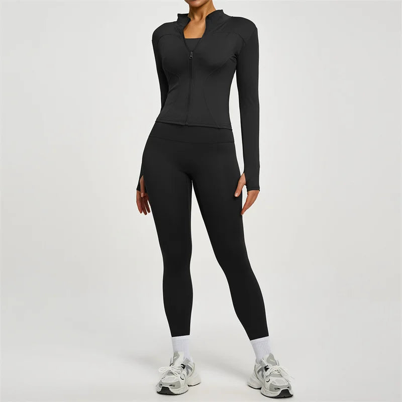 Yoga Coat Sports Top Long Sleeve Jacket Fitness Breathable Women's Tracksuit High Waist Leggings Two Piece Set Gym Clothes
