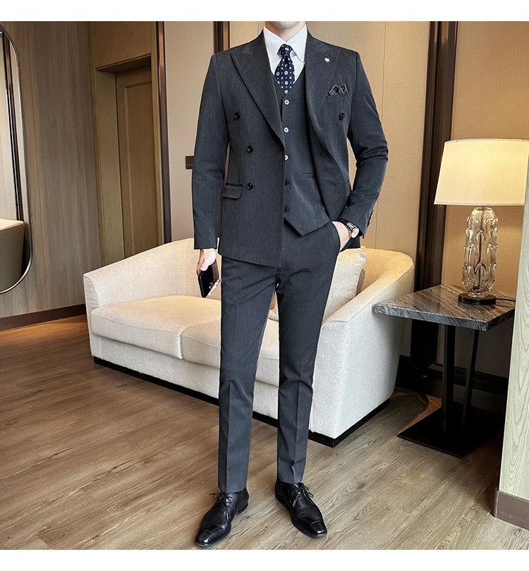 (Jackets+Pants) Luxury Double Breasted Design Slim Fit Suit High Quality Fashion Men's Wedding Social Suit Tuxedo 2 Piece Set