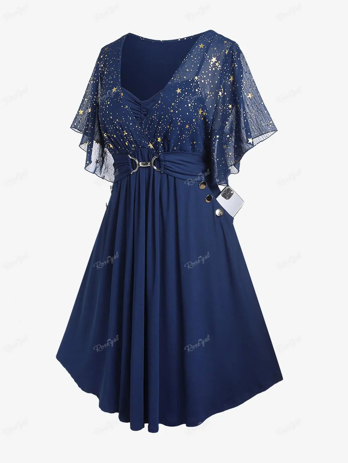 Plus Size Stars Print Buckle Button Pockets Ruched Butterfly Sleeves Dress Deep Blue Women Casual Square Collar Dresses