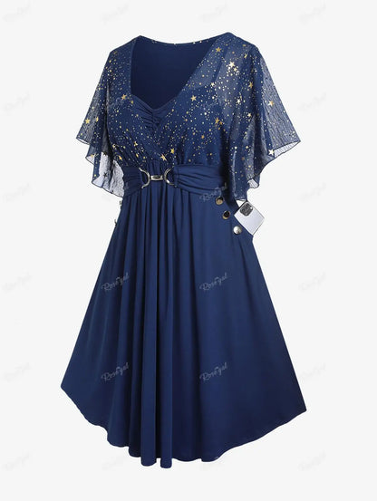 Plus Size Stars Print Buckle Button Pockets Ruched Butterfly Sleeves Dress Deep Blue Women Casual Square Collar Dresses