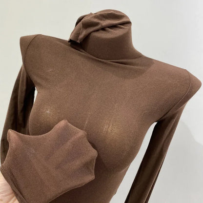 Slim High Quality Plain T Shirt Women Cotton Elastic Basic Female Tops Long Sleeve Sexy Thin T-shirt See Through