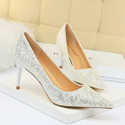 Women Luxury Bling Red  Blue Valentine Party Scarpins Pumps Lady Glitter Sequins 7cm 9.5cm High Heels Designer Shoes Plus Size