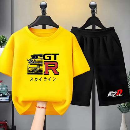 Kids Summer 2pcs Short Sleeve T-shirts+pants Suits 3-12 Years Boys Girls Casual Outfits Children Japanese Manga Racing Clothes