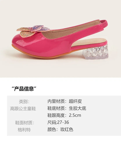 Summer New Children's High Heels Girls' Crystal Princess Shoes Hollow Heel Round Toe Fashion Flower Baby Girls' Sandals Rose Red