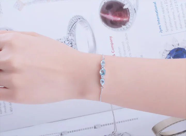 925 Sterling Silver Bracelets Adjustable Bangle Nano Blue Topaz Bracelet Round Pear Bracelets for Woman Wedding