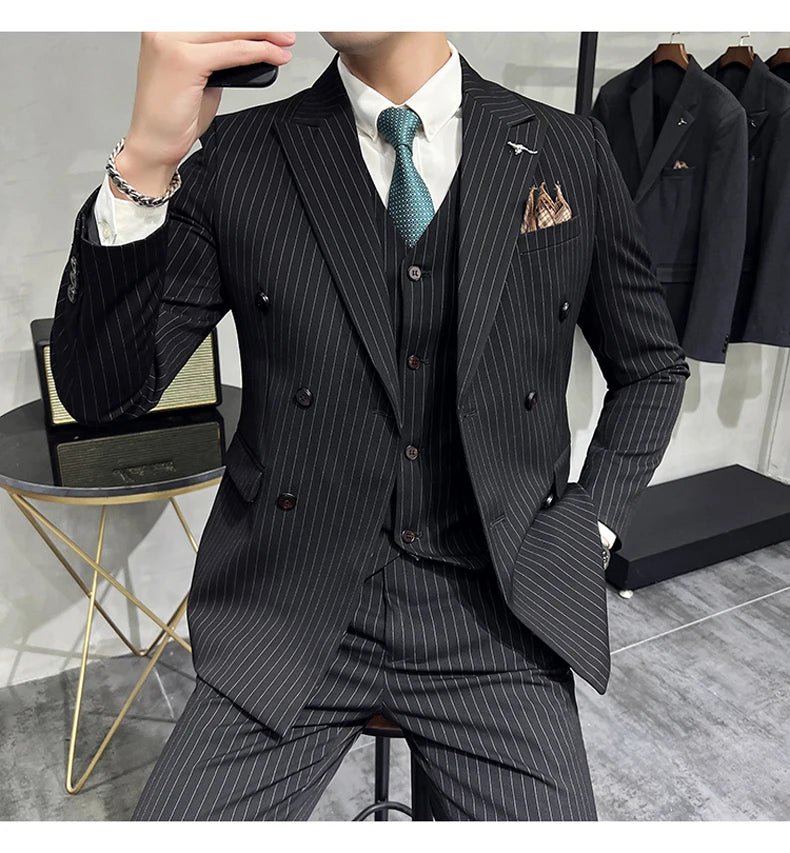 ( Blazer+Vest+Pants ) Groom Wedding Male Suit Luxury Brand Fashion Striped Men's Casual Business Office Double Breasted Suit