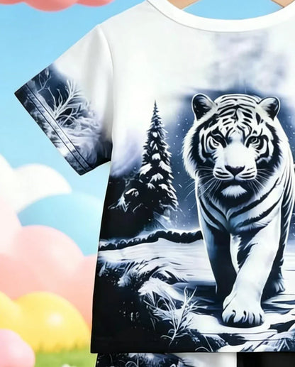 Summer New Arrival Boys Ink Wash Tiger All Over Print Short Sleeve Shorts Set