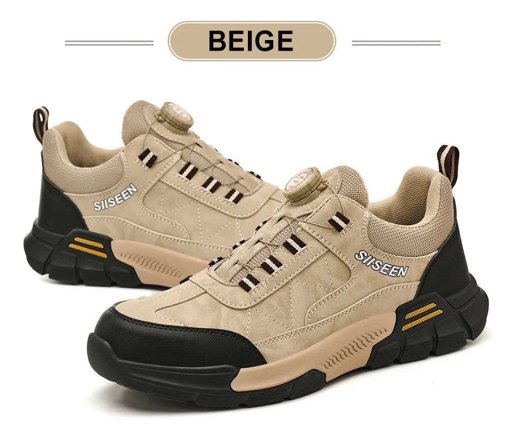 Men's Steel-Toed Safety Shoes With Anti-Crush, Anti-Puncture And Anti-Slip Soles, Fashionable Button Industrial Work Shoes