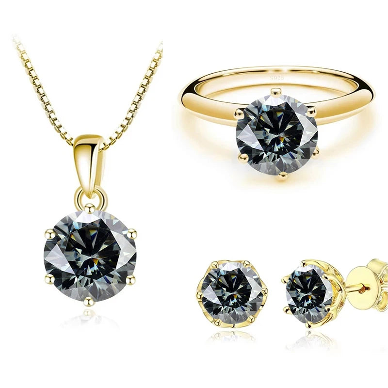 1Carat Moissanite Jewelry Set For Women Sterling S925 Silver Gold Plated Necklace Earrings Ring GRA Certified Wedding