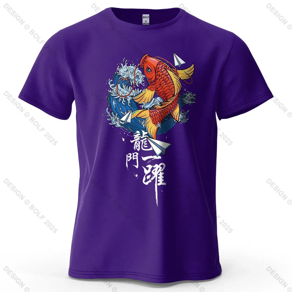 Dragon Gate Leap Printed Men's T-Shirt 100% Cotton Oversized Carp Good Luck Graphic Tees for Women Tops Tees Streetwear