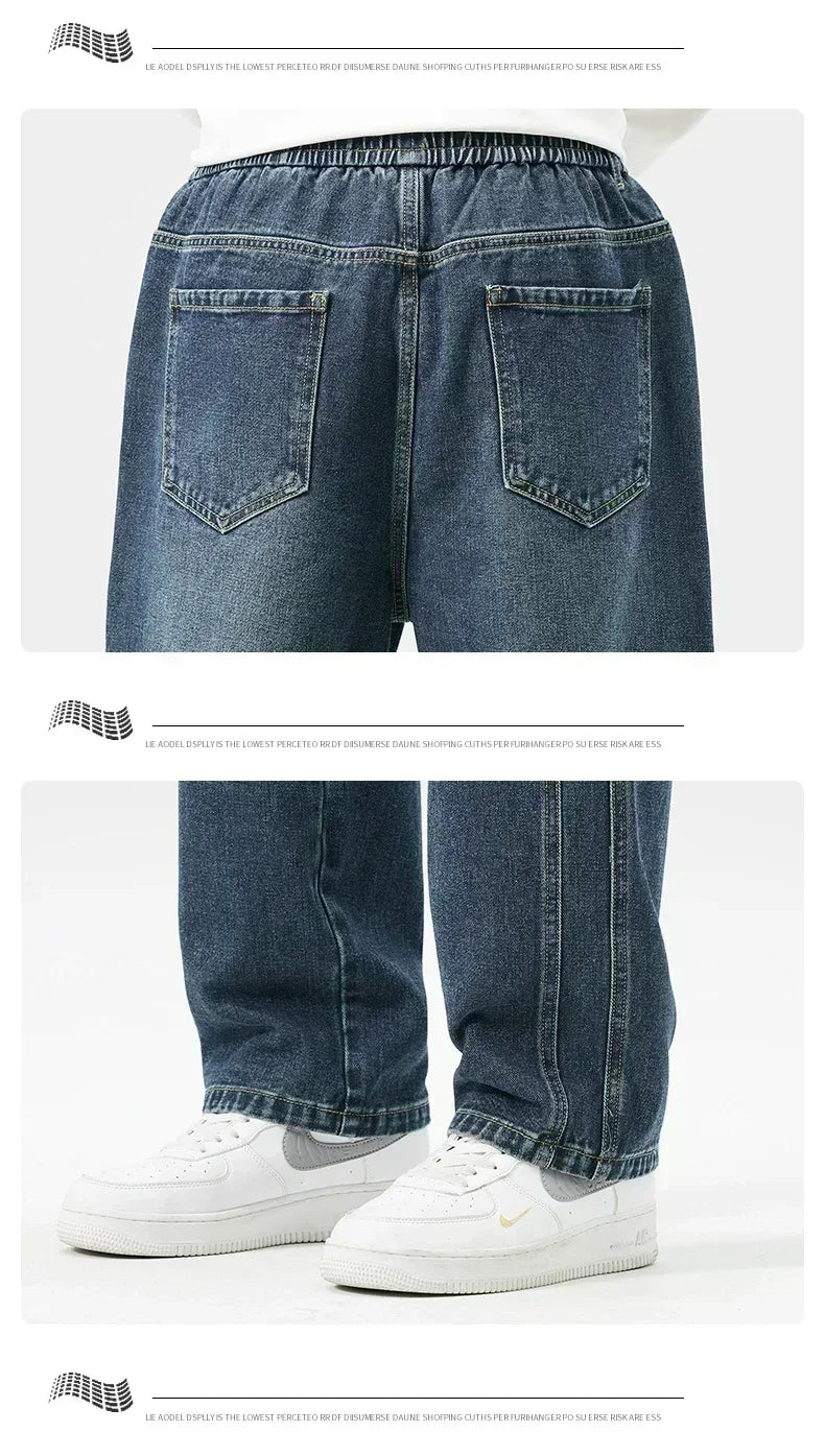 Men's Retro Jeans Elastic Waist Fashion Loose Straight Casual Wide Pants Cotton Casual Korean Baggy Wide Leg Denim Trousers