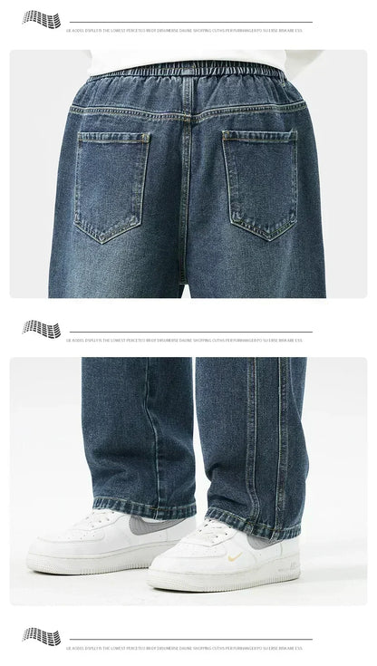Men's Retro Jeans Elastic Waist Fashion Loose Straight Casual Wide Pants Cotton Casual Korean Baggy Wide Leg Denim Trousers