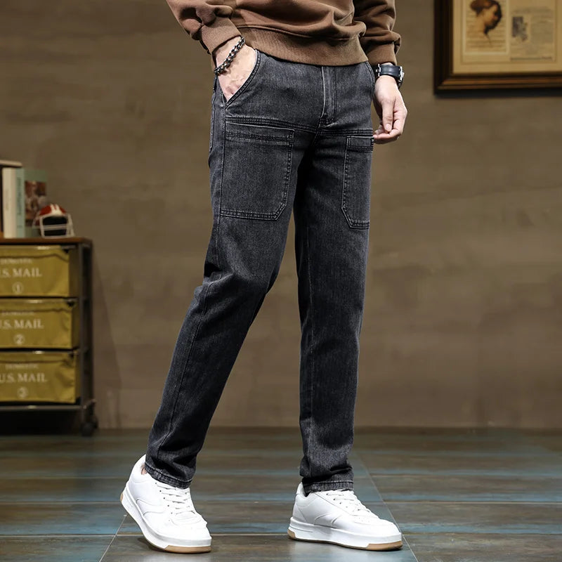 Calça Jeans Masculina Solta de Pernas Retas com Design Versátil de Seis Bolsos, Elástica e Confortável para Atividades ao Ar Livre, Caminhadas, Todas as Estações