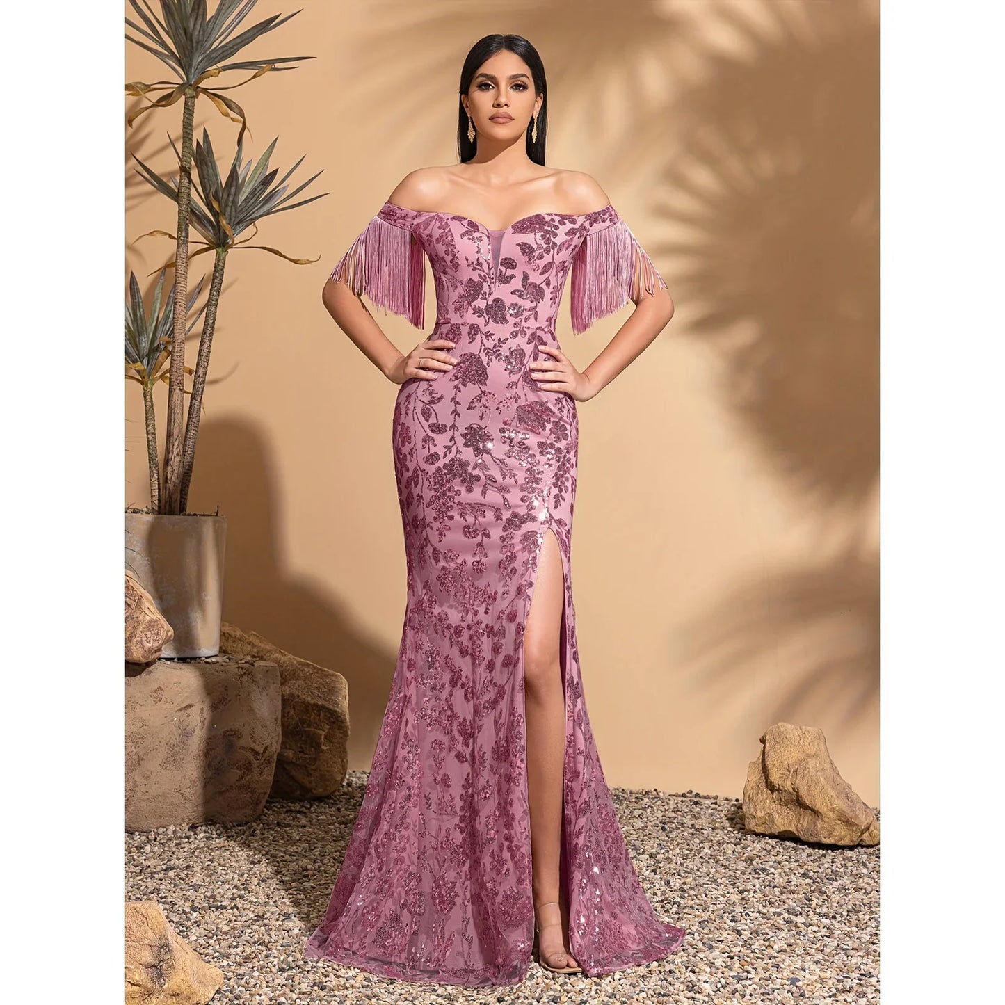 Off-the-shoulder sequined tassel sleeve slit dress