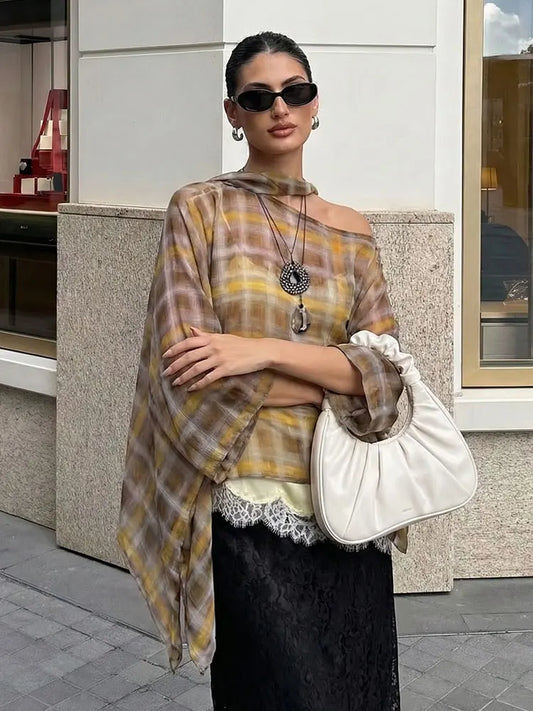 Women Fashion Plaid Print Blouse Vintage Casual Loose Asymmetric Hem Tops With Scarf Summer Thin Female Holiday Beach Outfits