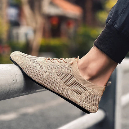 Sapatos Masculinos de Verão em Malha, Sapatilhas Planas para Uso Exterior, Sapatos de Caminhada de Alta Qualidade, Confortáveis, com Cadarço, Respiráveis, Antiderrapantes, Casuais