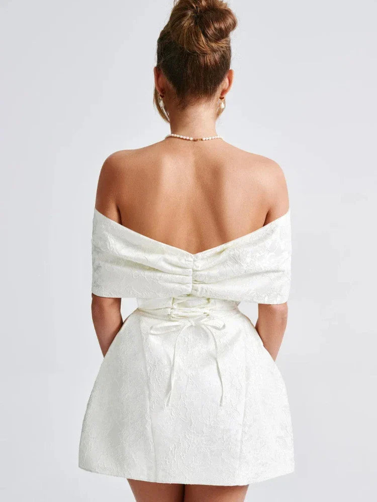 Fashionable And Sweet Slim Fit Jacquard Strapless Tie Bow One Shoulder Short Skirt American Sexy Temperament Solid Color Dresses