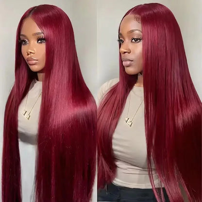 99J Burgundy  Straight Lace Front Human Hair Wigs 13x4 13x6 HD Transparent Full Lace Frontal Wig 200 Density Straight Hair Wigs