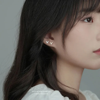 Korea Exquisite Vintage Zircon Pearl Bow Sweet Stud Earrings for Women 925 Sterling Silver Jewelry
