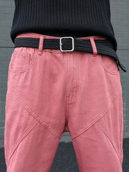 Men's Pink Patchwork Flared Jeans, Street Trend, Suitable for All Seasons