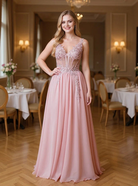 Dusty Pink Sheer Evening Dresses Lace Applique Spaghetti Straps V-Neck Backless Prom Dress Chiffon A-Line 2025 Formal Party Gown