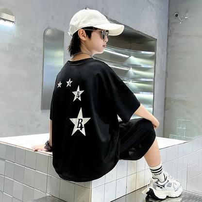 New Summer Teenager Boys Clothing Set Cotton Letter Short Sleeve T-shirt Shorts 2Pcs For 4-14 Years Kids Tracksuits Child Cloth