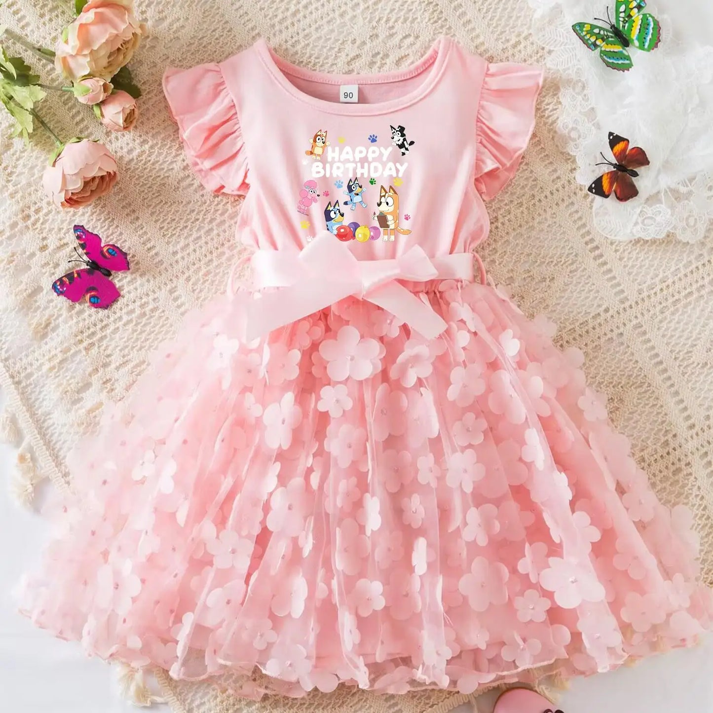 Girls Summer Dress Cartoon Bow Tutu Dress 3D Butterfly Cute Cotton Party Casual Dress for Baby 2-6 Years
