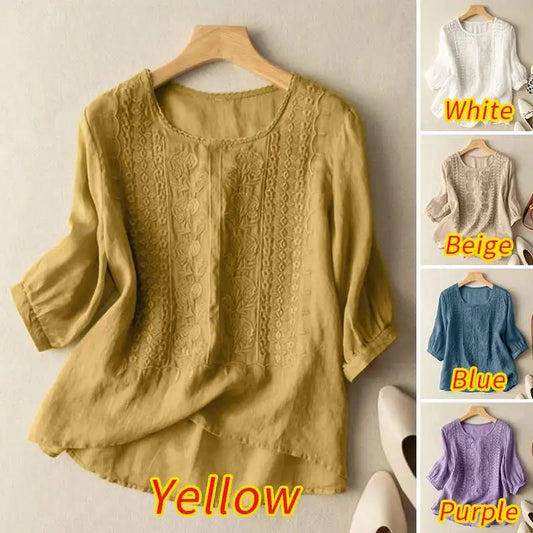 Elegant Women Embroidered Blouses Autumn 2024 3/4 Puff Sleeve Transparent Blusas Mujer Casual Vintage Cotton Shirts Tops