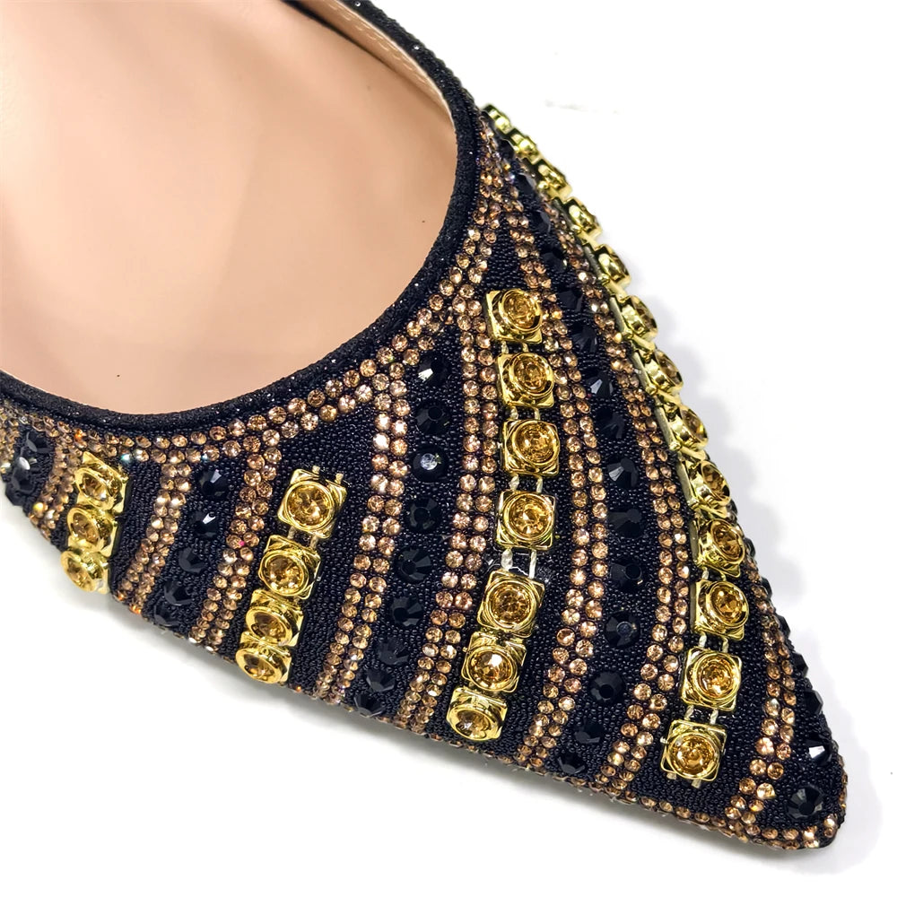Shiny Italian Fashion Pointed Toe Women Heel Fashion Rhinestone Decoration Fuchsia Color Shoes And Bag Set