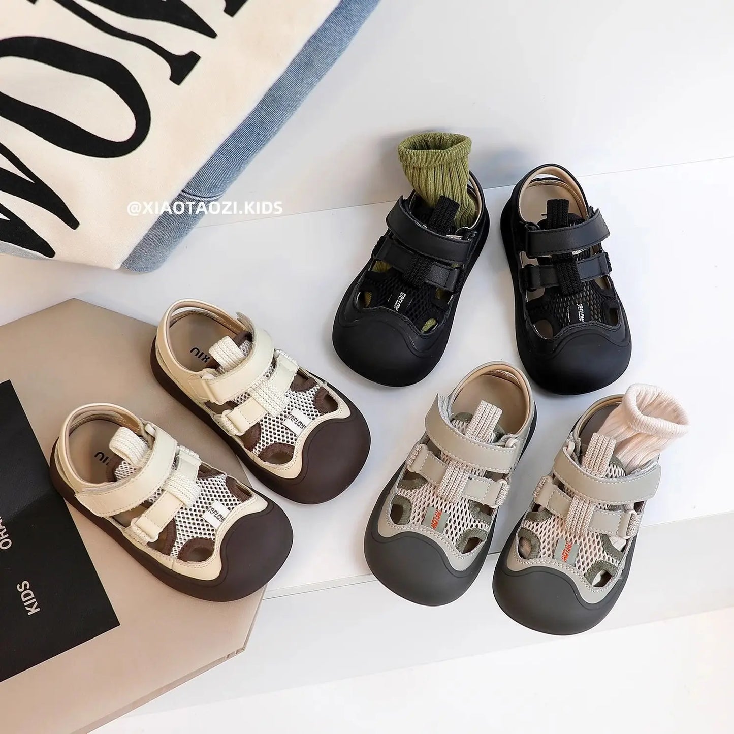 Children Sports Sandals Versatile Kids Causal Cut-outs Sandals Summer Fashion Boys Girls Patchwork Mesh Beach Shoes Black Beige
