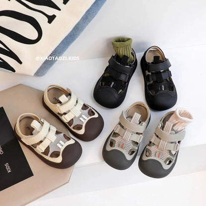 Children Sports Sandals Versatile Kids Causal Cut-outs Sandals Summer Fashion Boys Girls Patchwork Mesh Beach Shoes Black Beige