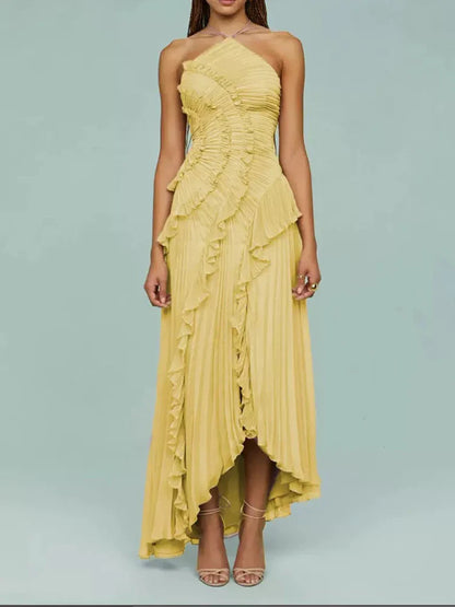 Ruffle ruffles design thin mid-length dress temperament fashion irregular halter women's dress 2025 summer new