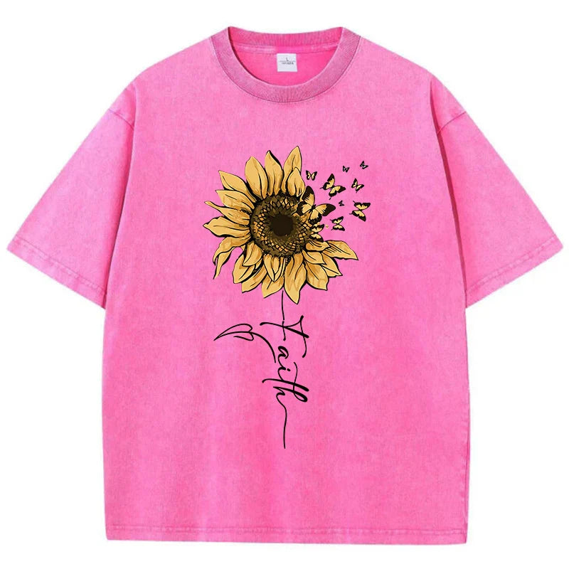Sunflower And Butterfly Cotton Washed T-Shirt Women Prints Tops Summer O-Neck Oversized T Shirts Vintage Black Woman Clothes