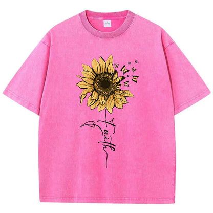 Sunflower And Butterfly Cotton Washed T-Shirt Women Prints Tops Summer O-Neck Oversized T Shirts Vintage Black Woman Clothes
