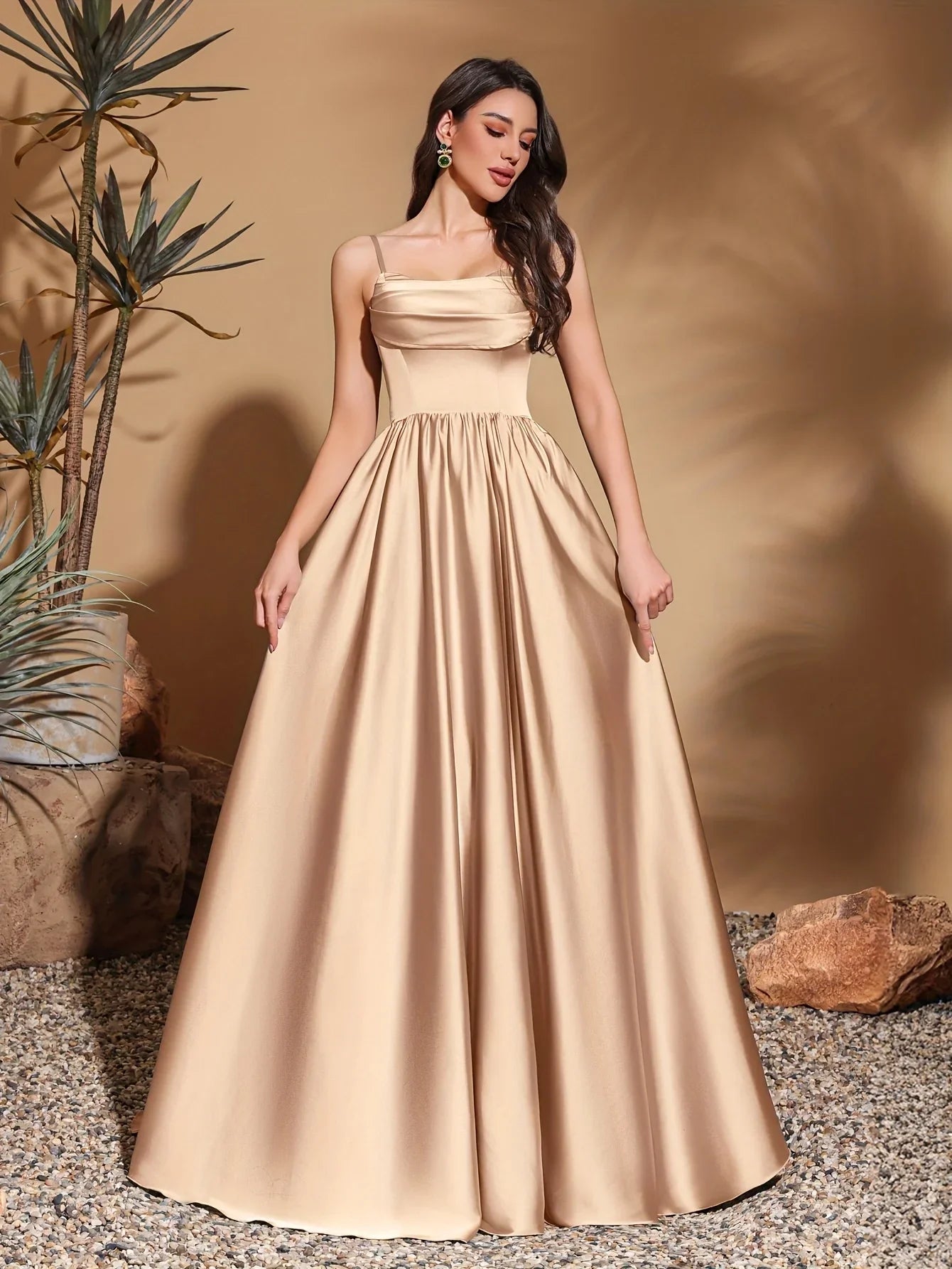 Strapless chest pleated satin high waist floor-length gown, women's long dress, party dress