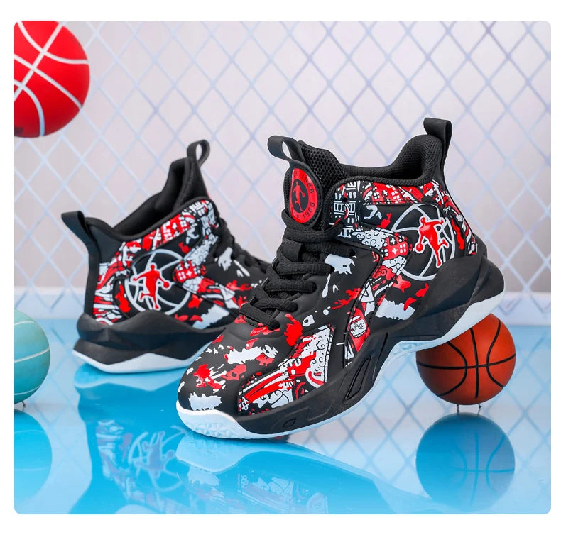 Original Children's Basketball Shoes Fashion Print Purple Basketball Sneakers Kids Training Shoes High Top Sports Shoes For Boys