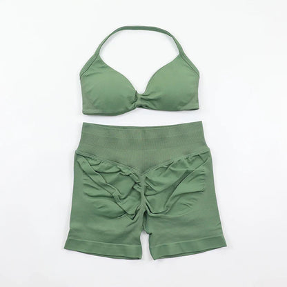 Scrunch Seamless Yoga Set Women Sportswear Ribbed Gym Shorts Strappy Sports Bra 2 Piece Set Halter Workout Clothes Fitness Suit