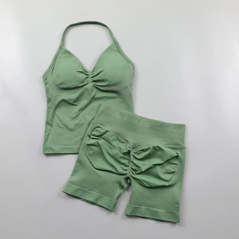 Yoga Longline Strappy Top Leggings Set Women's Backless Camisole Built-In bra Vest High-Waisted Hip Lift Gym Shorts Sports Set