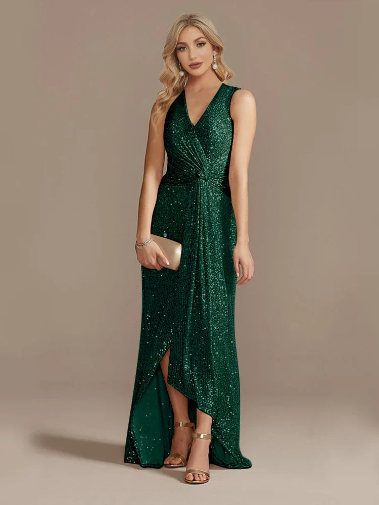 Luxury Floor Length V-Neck Evening Dresses Elegant Slit Party Women 2025 Wedding Sequins Formal Cocktail Prom Gowns