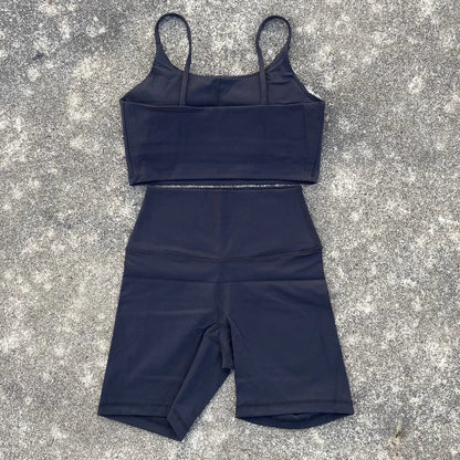 2 Piece Yoga Shorts Set Gym Sports Set Women Workout Clothes Fitness Suit Thin Strap Bra Top High Waist Shorts Running Tracksuit