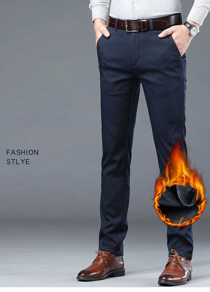 Winter Men Brand Fleece Pants Warm Cotton Business Thick Suit Casual Trousers Male Plush Formal Wear Pants 28-40