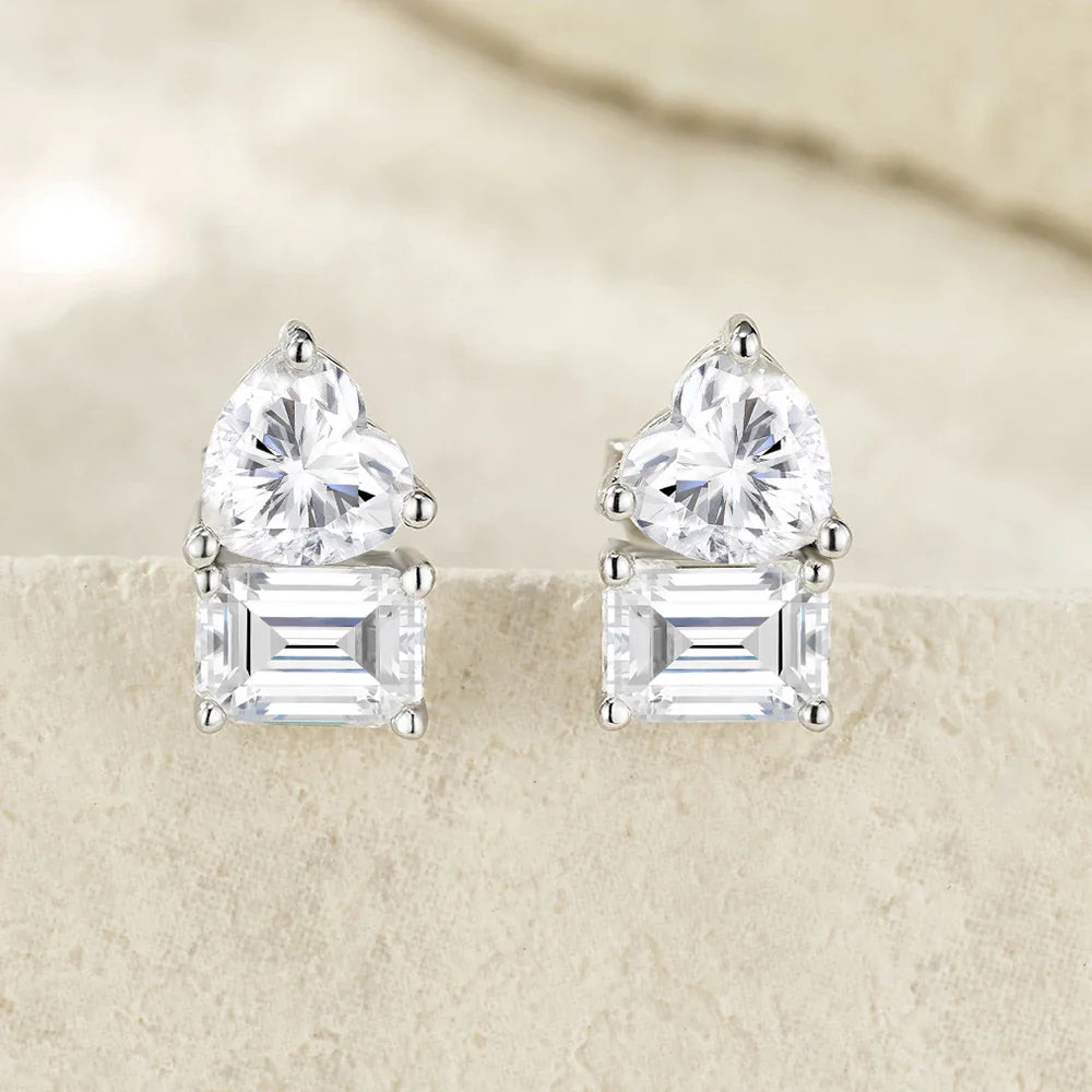 4cttw Heart & Emerald Moissanite Diamond Stud Earrings with Certificates 925 Sterling Silver Ear Studs Fine Jewelry for Women