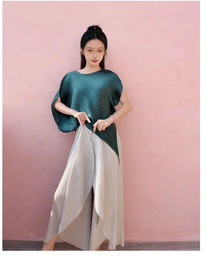 Miyake pleated high-end design fashionable irregular solid color round neck top for women