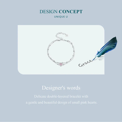 925 Sterling Silver Double Layer Bracelet Pink Heart Adjustable Round Beads Chain Link for Women Valentine's Day Gift