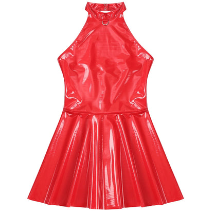 Glossy Patent Leather Glossy Mini A-Line Latex Dress for Womens Swing Skirt Skater Bodycon Mini Dress Rave Disco Party Clubwear