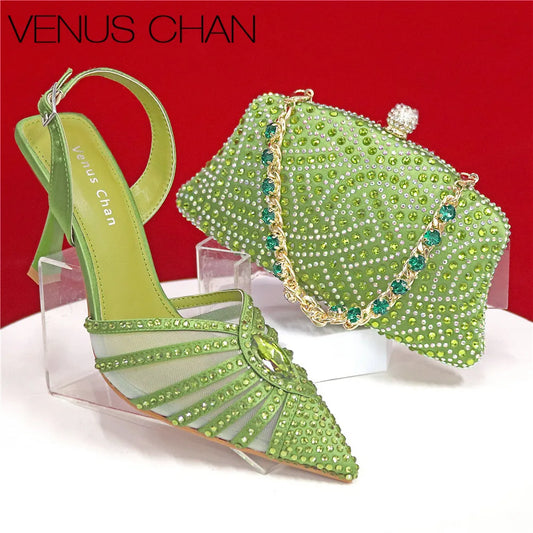 Elegant Fruit Green Women's Heels and Rhinestone Handbag Set - Italian Design for Weddings and Parties