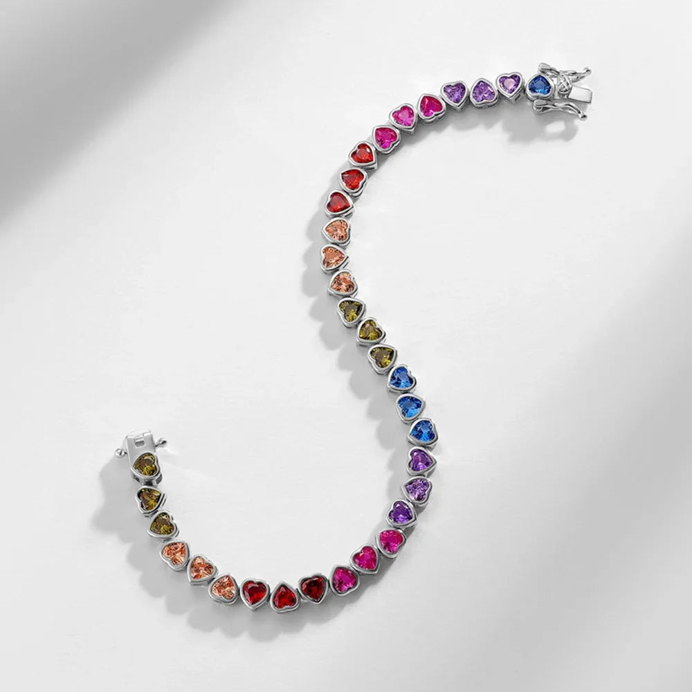 925 Sterling Silver Tennis Bracelet Colorful Rainbow CZ Heart Shaped Zircon Bracelet For Women Fine Jewelry Wholesale
